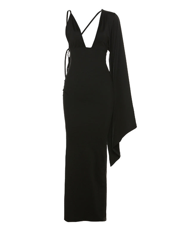 fotobeyou Black Backless Cascading Ruffle Ruched Cloak Sleeve Mermaid Cocktail Party Gown Bodycon Photoshoot Maternity Maxi Dress