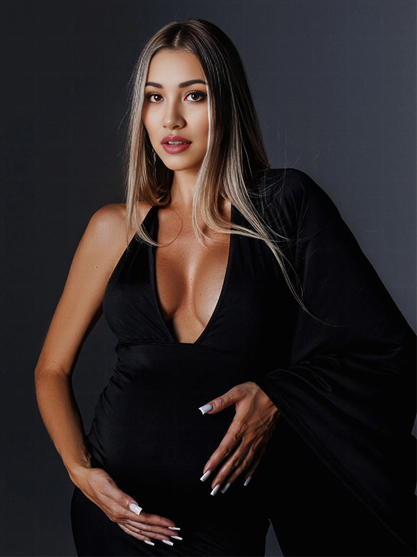 fotobeyou Black Backless Cascading Ruffle Ruched Cloak Sleeve Mermaid Cocktail Party Gown Bodycon Photoshoot Maternity Maxi Dress