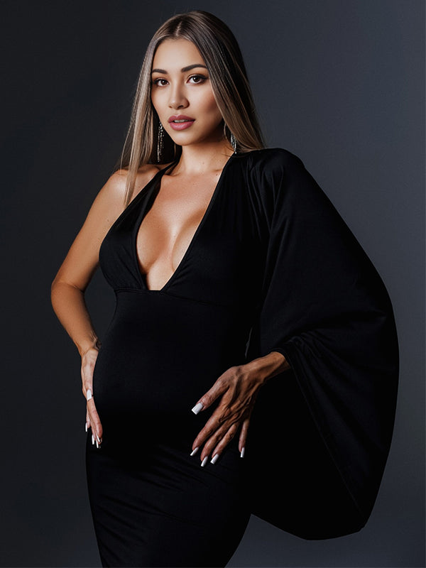 fotobeyou Black Backless Cascading Ruffle Ruched Cloak Sleeve Mermaid Cocktail Party Gown Bodycon Photoshoot Maternity Maxi Dress