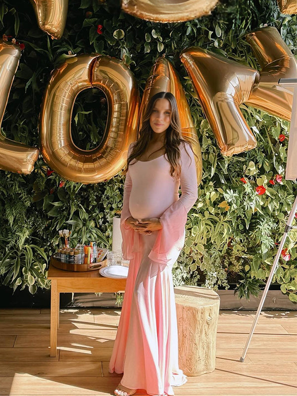 fotobeyou Pink High-low Mesh Patchwork Falbala Ruffle Flare Sleeve Mermaid Elegant Cocktail Party Maternity Photoshoot Babyshower Maxi Dress