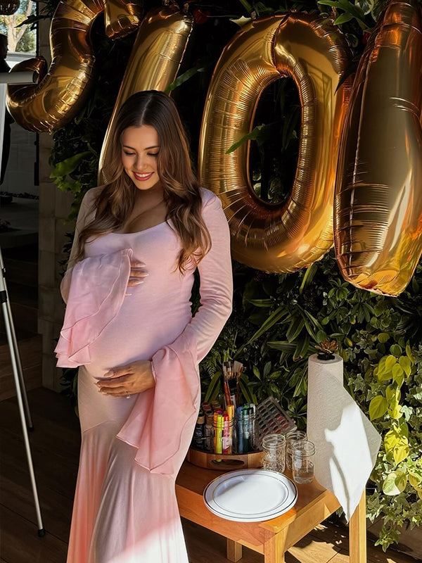 fotobeyou Pink High-low Mesh Patchwork Falbala Ruffle Flare Sleeve Mermaid Elegant Cocktail Party Maternity Photoshoot Babyshower Maxi Dress