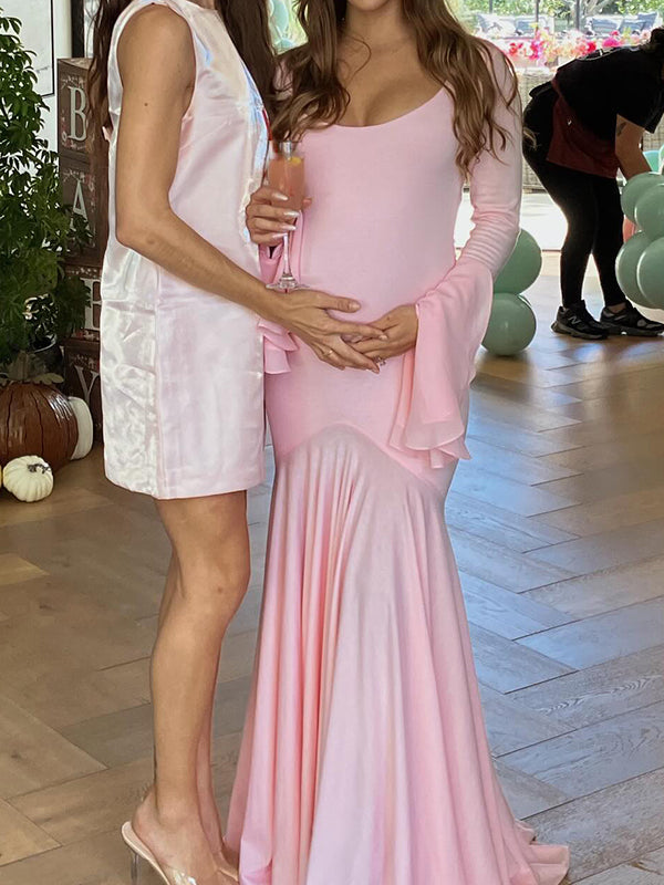 fotobeyou Pink High-low Mesh Patchwork Falbala Ruffle Flare Sleeve Mermaid Elegant Cocktail Party Maternity Photoshoot Babyshower Maxi Dress