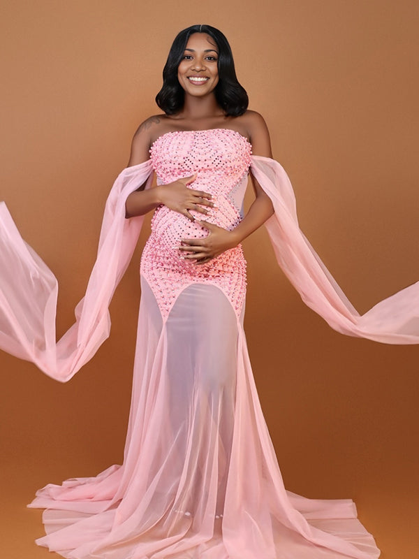 fotobeyou Flowy Off Shoulder Tulle Beading Pearls Rhinestone Bodice Mermaid Elegant Cocktail Evening Gown Luxury Sheer Maternity Baby Shower Maxi Dress