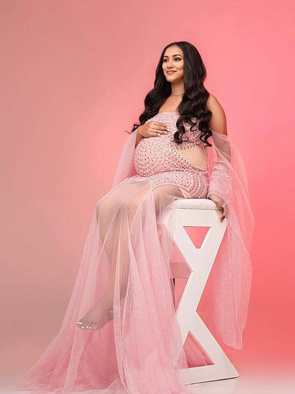 fotobeyou Flowy Off Shoulder Tulle Beading Pearls Rhinestone Bodice Mermaid Elegant Cocktail Evening Gown Luxury Sheer Maternity Baby Shower Maxi Dress