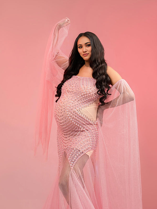 fotobeyou Flowy Off Shoulder Tulle Beading Pearls Rhinestone Bodice Mermaid Elegant Cocktail Evening Gown Luxury Sheer Maternity Baby Shower Maxi Dress