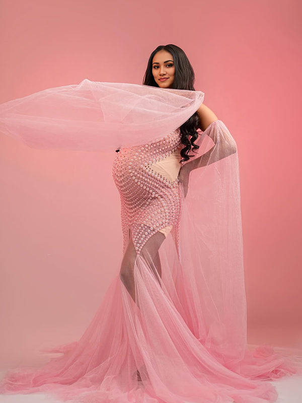 fotobeyou Flowy Off Shoulder Tulle Beading Pearls Rhinestone Bodice Mermaid Elegant Cocktail Evening Gown Luxury Sheer Maternity Baby Shower Maxi Dress