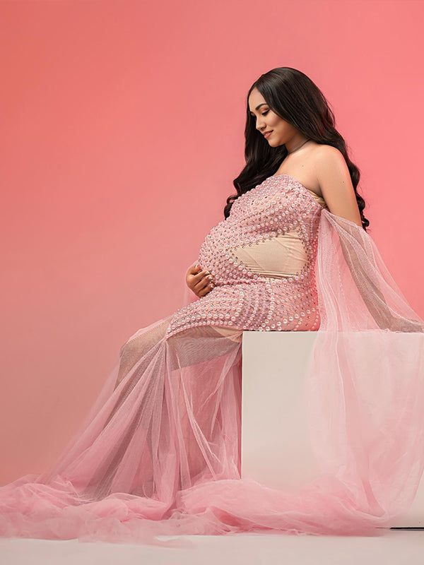 fotobeyou Flowy Off Shoulder Tulle Beading Pearls Rhinestone Bodice Mermaid Elegant Cocktail Evening Gown Luxury Sheer Maternity Baby Shower Maxi Dress