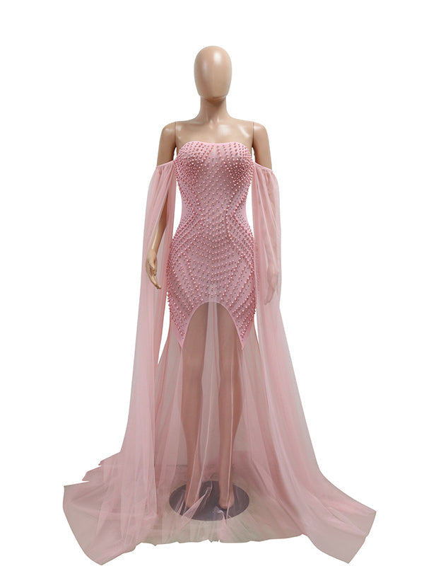fotobeyou Flowy Off Shoulder Tulle Beading Pearls Rhinestone Bodice Mermaid Elegant Cocktail Evening Gown Luxury Sheer Maternity Baby Shower Maxi Dress