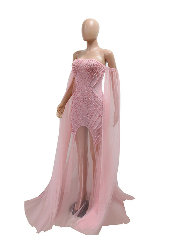 fotobeyou Flowy Off Shoulder Tulle Beading Pearls Rhinestone Bodice Mermaid Elegant Cocktail Evening Gown Luxury Sheer Maternity Baby Shower Maxi Dress