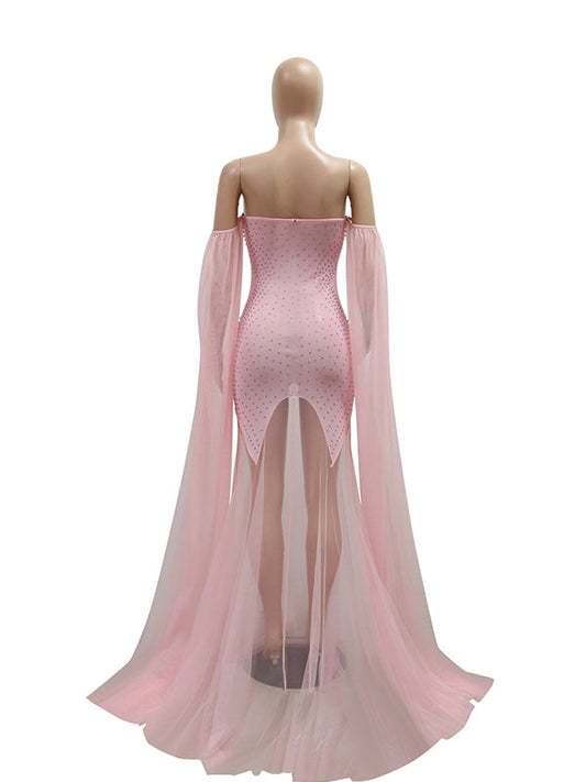 fotobeyou Flowy Off Shoulder Tulle Beading Pearls Rhinestone Bodice Mermaid Elegant Cocktail Evening Gown Luxury Sheer Maternity Baby Shower Maxi Dress