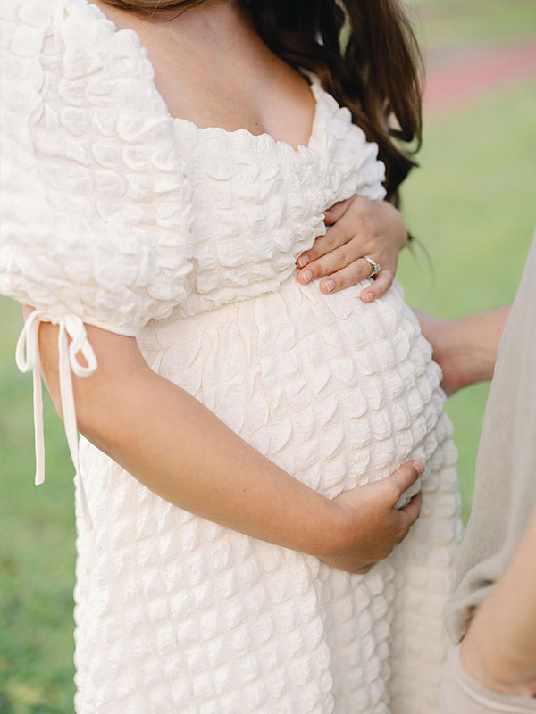 fotobeyou Bubble Texture Sweetheart Neckline Ruched Bodice A-line Puff Sleeve Elegant Going Out Maternity Photoshoot Maxi Dress