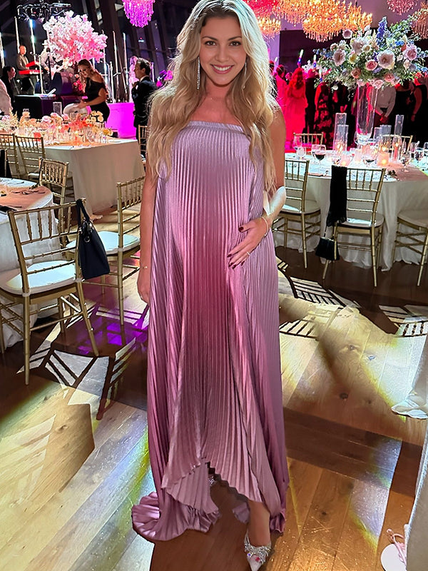 fotobeyou Pink Gradient Color Bandeau Pleated Big Swing Strapless Elegant Cocktail Party Maternity Photoshoot Baby Shower Maxi Dress