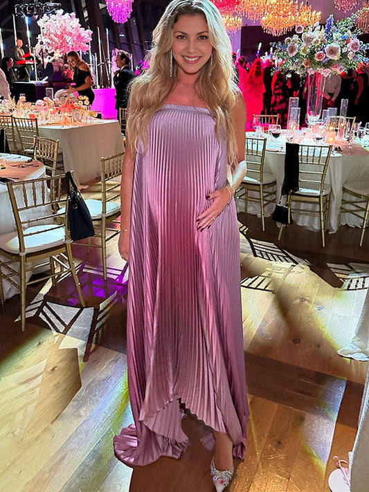fotobeyou Pink Gradient Color Bandeau Pleated Big Swing Strapless Elegant Cocktail Party Maternity Photoshoot Baby Shower Maxi Dress