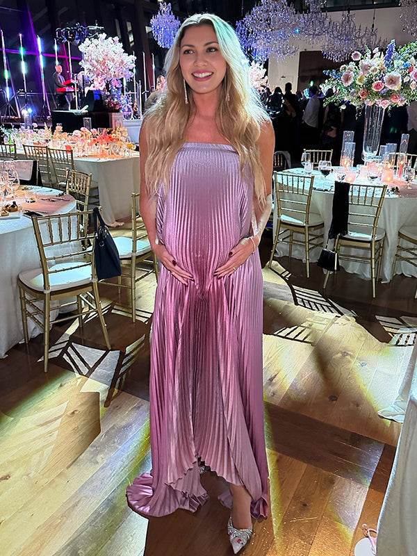fotobeyou Pink Gradient Color Bandeau Pleated Big Swing Strapless Elegant Cocktail Party Maternity Photoshoot Baby Shower Maxi Dress