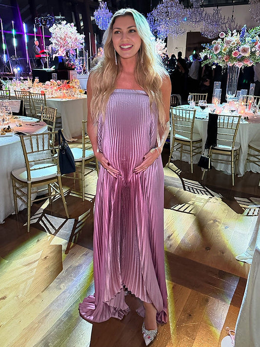 fotobeyou Pink Gradient Color Bandeau Pleated Big Swing Strapless Elegant Cocktail Party Maternity Photoshoot Baby Shower Maxi Dress