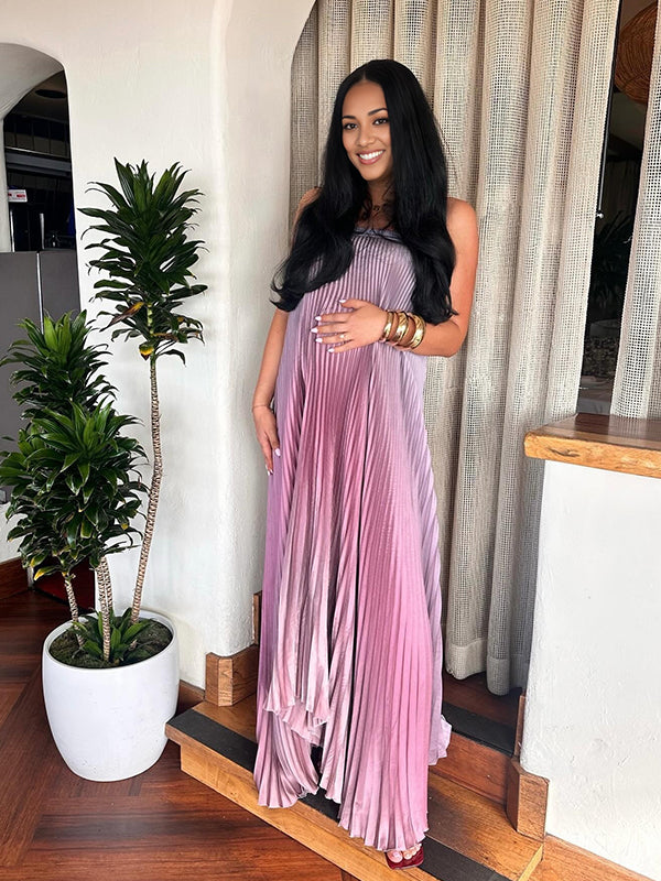 fotobeyou Pink Gradient Color Bandeau Pleated Big Swing Strapless Elegant Cocktail Party Maternity Photoshoot Baby Shower Maxi Dress