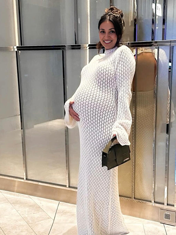 fotobeyou White Cut Out Flare Sleeve Backless Baby Shower Maternity Maxi Dress