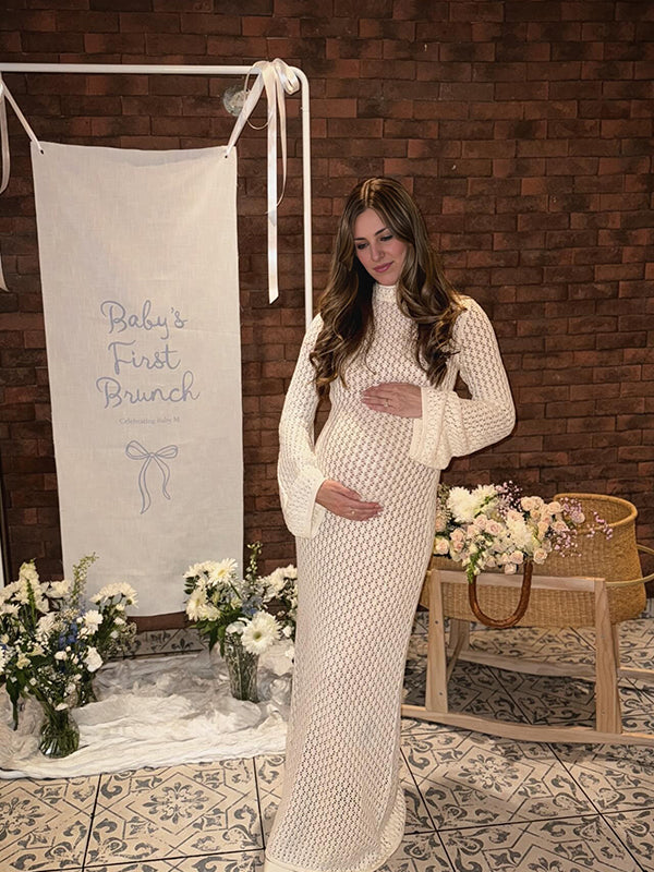 fotobeyou White Cut Out Flare Sleeve Backless Baby Shower Maternity Maxi Dress