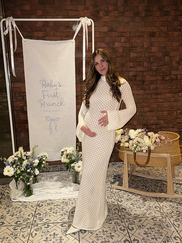 fotobeyou White Cut Out Flare Sleeve Backless Baby Shower Maternity Maxi Dress