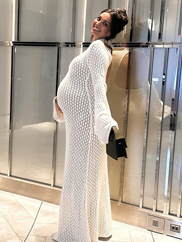 fotobeyou White Cut Out Flare Sleeve Backless Baby Shower Maternity Maxi Dress
