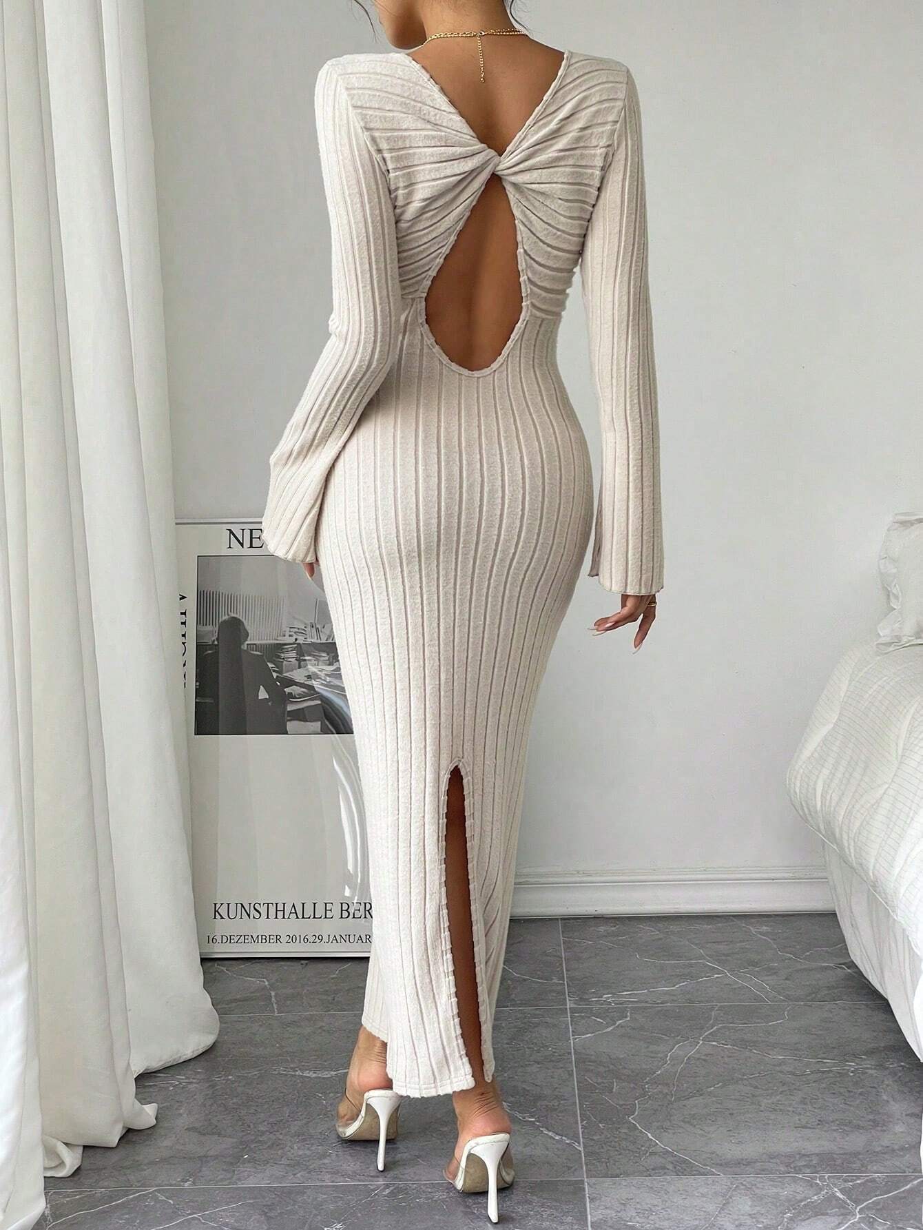 fotobeyou Apricot Striped Solid Color  Daily Casual Backless Side Slit Maternity Maxi Dress