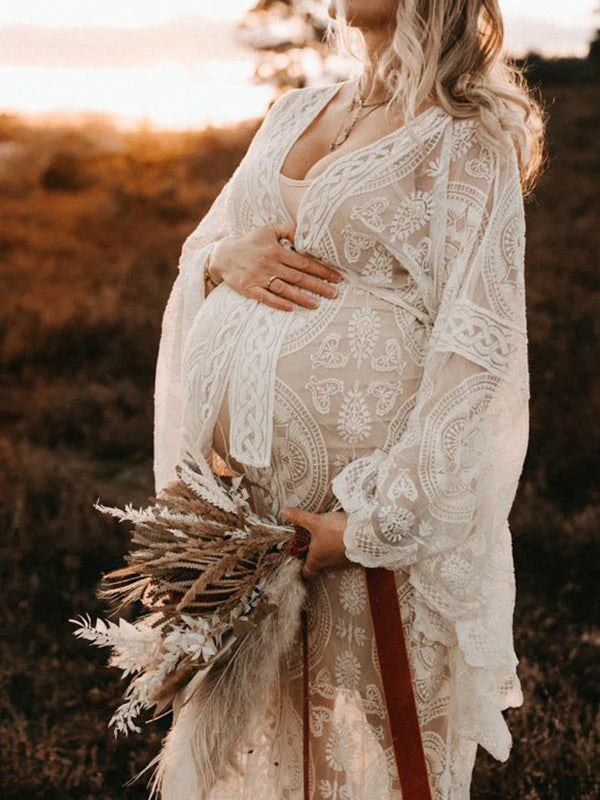 Boho White Lace Open Belly Belt Robe Elegant Sheer Maternity Photoshoot Maxi Dress