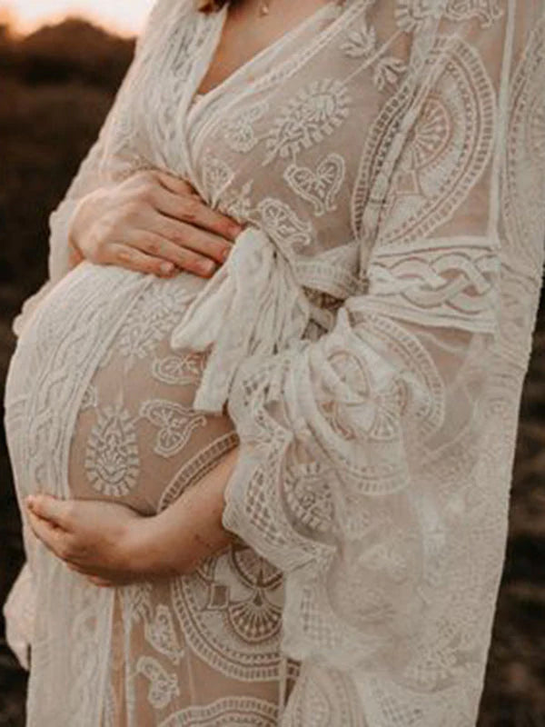 fotobeyou Boho White Lace Open Belly Belt Robe Elegant Sheer Maternity Photoshoot Maxi Dress
