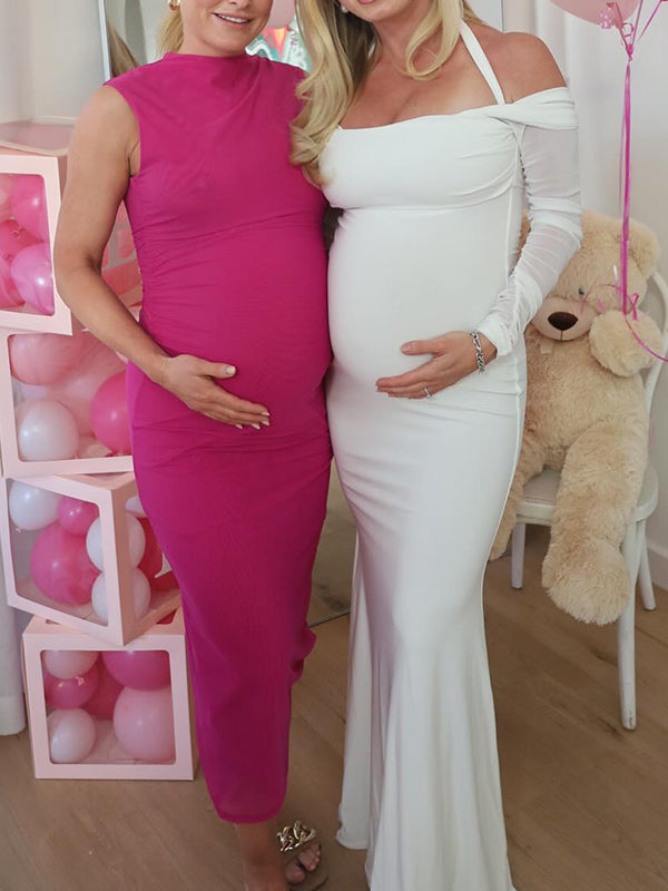 fotobeyou White Off Shoulder Halter Neck Bodycon Elegant Cocktail Maternity Baby Shower Maxi Dress