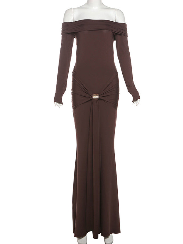 fotobeyou Off Shoulder Draped Ruched Metal Buckle Bodycon Elegant Maternity Photoshoot Maxi Dress