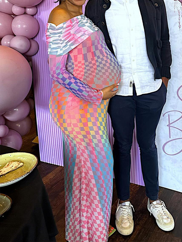 fotobeyou Pink&Blue Color Block Off Shoulder Bodycon Elegant Cocktail Party Chic Maternity Gender Reveal Maxi Dress