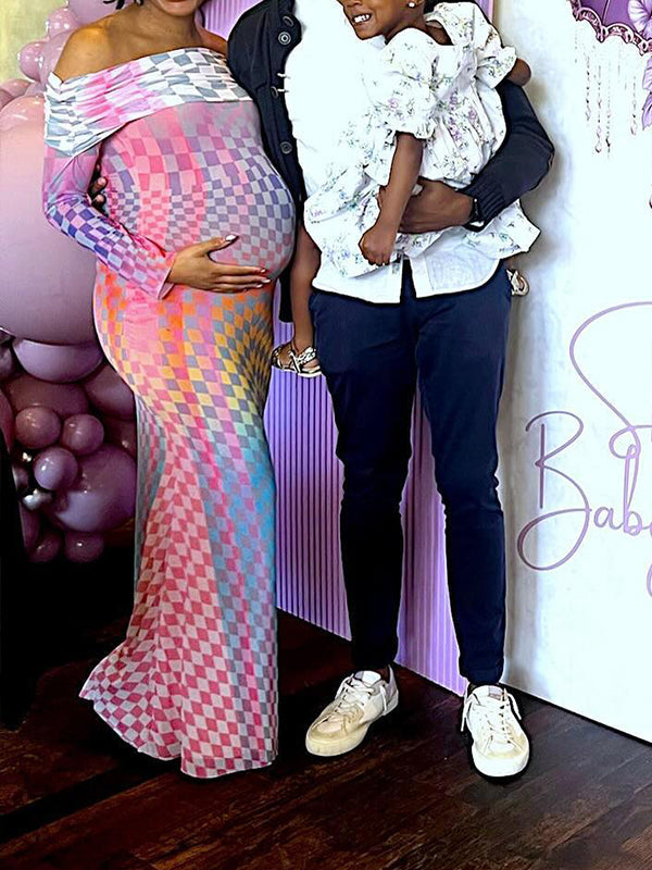 fotobeyou Pink&Blue Color Block Off Shoulder Bodycon Elegant Cocktail Party Chic Maternity Gender Reveal Maxi Dress