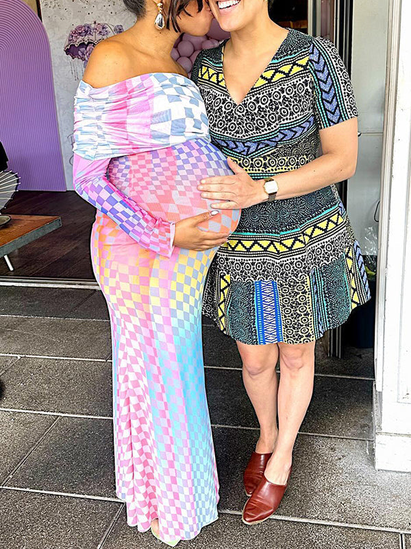 fotobeyou Pink&Blue Color Block Off Shoulder Bodycon Elegant Cocktail Party Chic Maternity Gender Reveal Maxi Dress