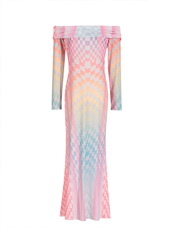 fotobeyou Pink&Blue Color Block Off Shoulder Bodycon Elegant Cocktail Party Chic Maternity Gender Reveal Maxi Dress