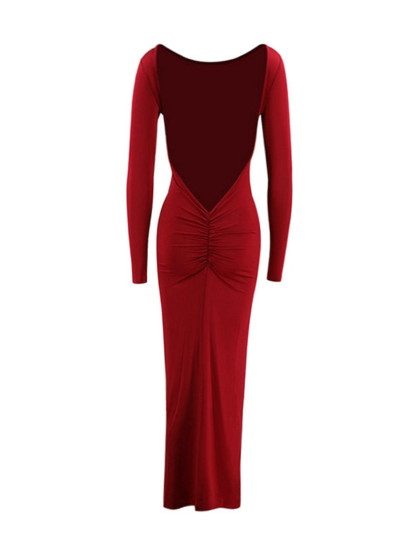 fotobeyou Red Reversible Ruched Backless Bodycon Elegant Evening Gown Maternity Photoshoot Maxi Dress