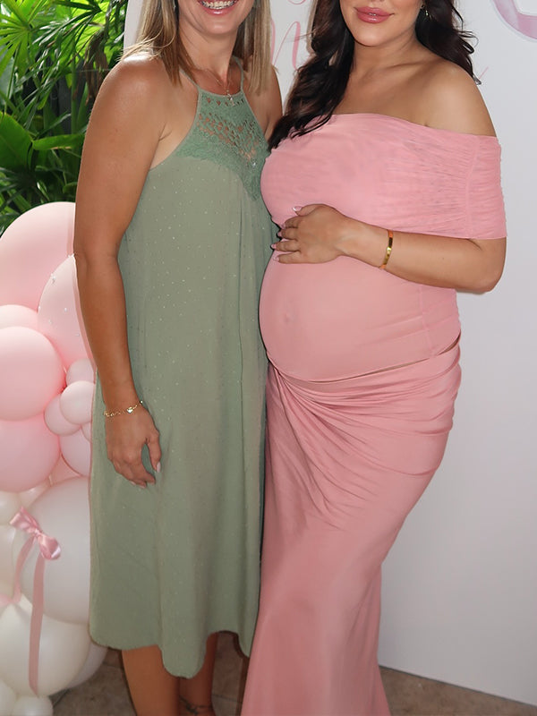 fotobeyou Mesh Patchwork Off Shoulder Ruched Cut Out Bodycon Elegant Cocktail Party Maternity Baby Shower Maxi Dress