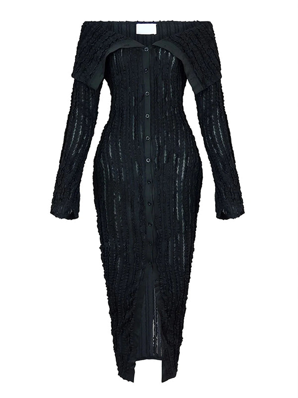 fotobeyou Off Shoulder Single Breasted Mesh Wavy Ruffle Front Slit Bodycon Elegant Going Out Maternity Baby Shower Maxi Dress