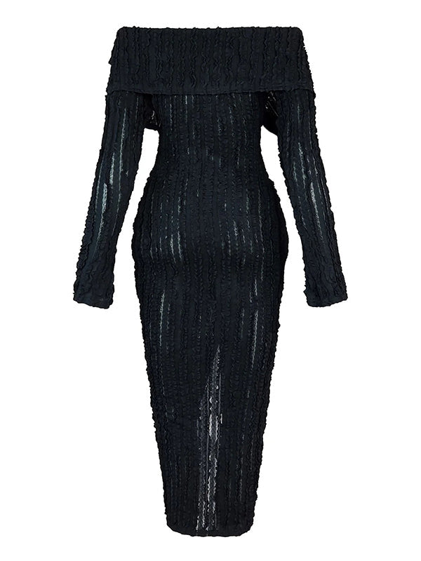 fotobeyou Off Shoulder Single Breasted Mesh Wavy Ruffle Front Slit Bodycon Elegant Going Out Maternity Baby Shower Maxi Dress