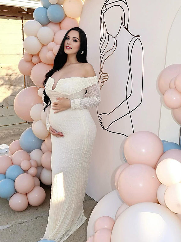 fotobeyou Cream White Off Shoulder Textured U-Wire Bodycon Elegant Maternity Baby Shower Maxi Dress