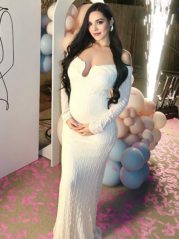 fotobeyou Cream White Off Shoulder Textured U-Wire Bodycon Elegant Maternity Baby Shower Maxi Dress