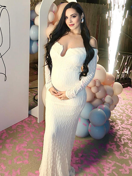 fotobeyou Cream White Off Shoulder Textured U-Wire Bodycon Elegant Maternity Baby Shower Maxi Dress