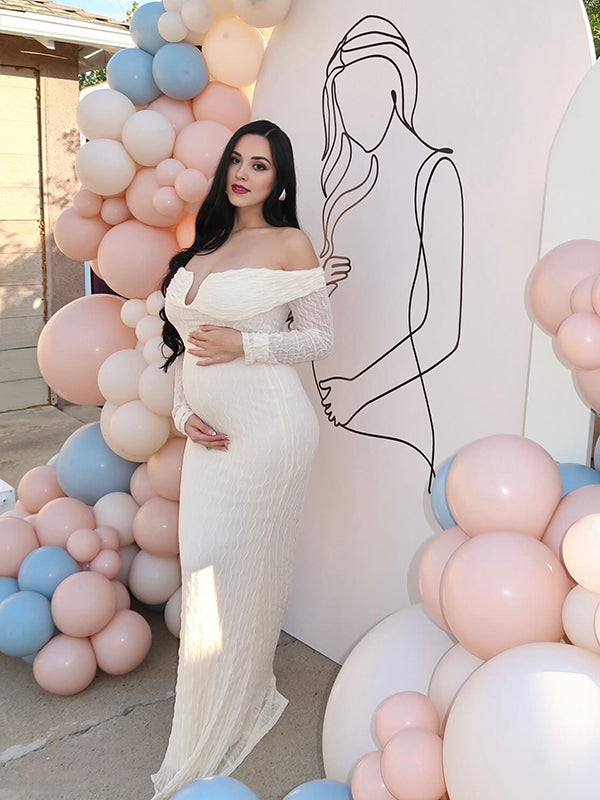 fotobeyou Cream White Off Shoulder Textured U-Wire Bodycon Elegant Maternity Baby Shower Maxi Dress