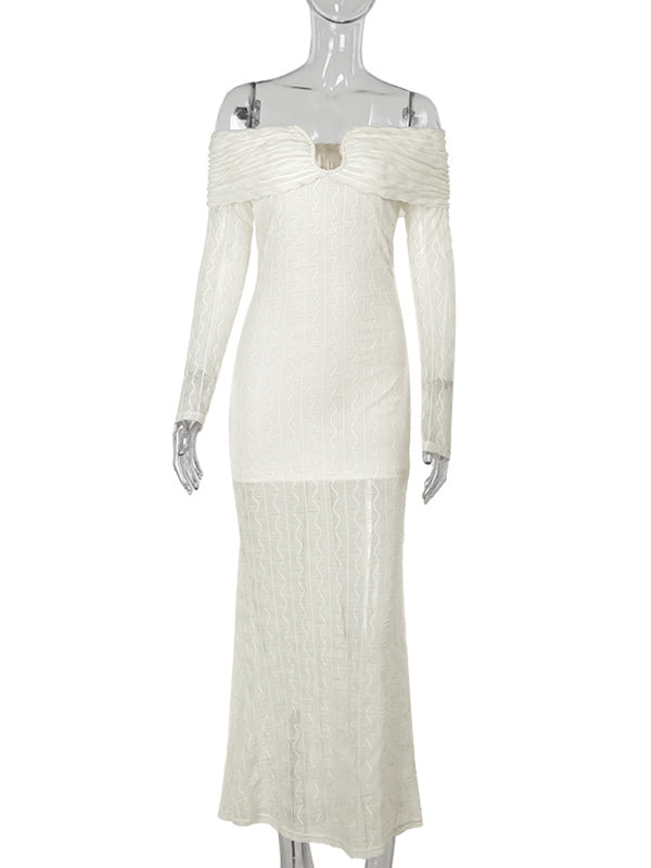 fotobeyou Cream White Off Shoulder Textured U-Wire Bodycon Elegant Maternity Baby Shower Maxi Dress