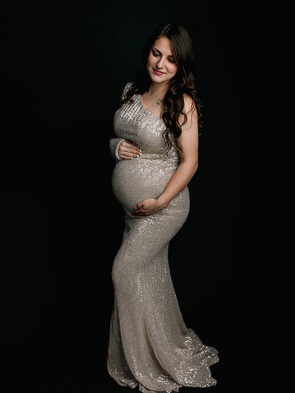 fotobeyou Glitter Sequin One Shoulder Mermaid Elegant Christmas Evening Gown Maternity Photoshoot Maxi Dress