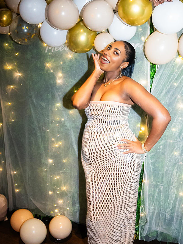 fotobeyou Glitter Diamond Rhinestone Bandeau Back Slit Bodycon Elegant Cocktail Party Maternity Baby Shower Maxi Dress