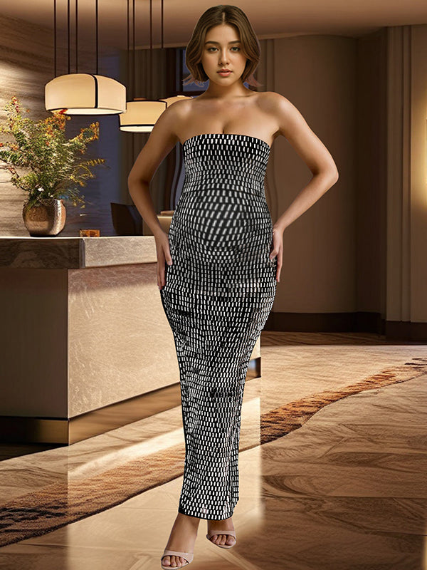 fotobeyou Glitter Diamond Rhinestone Bandeau Back Slit Bodycon Elegant Cocktail Party Maternity Baby Shower Maxi Dress