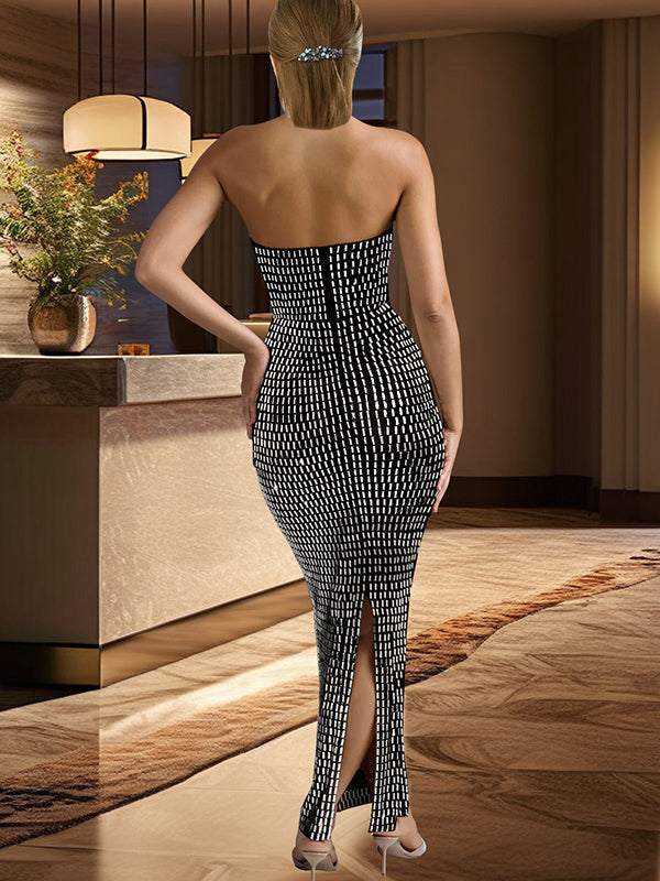 fotobeyou Glitter Diamond Rhinestone Bandeau Back Slit Bodycon Elegant Cocktail Party Maternity Baby Shower Maxi Dress