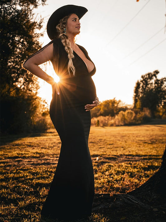 fotobeyou Black Tassel Fringe Cross Chest Mermaid Plus Size Elegant Maternity Maxi Dress