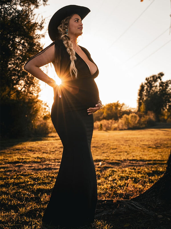 fotobeyou Black Tassel Fringe Cross Chest Mermaid Plus Size Elegant Maternity Maxi Dress