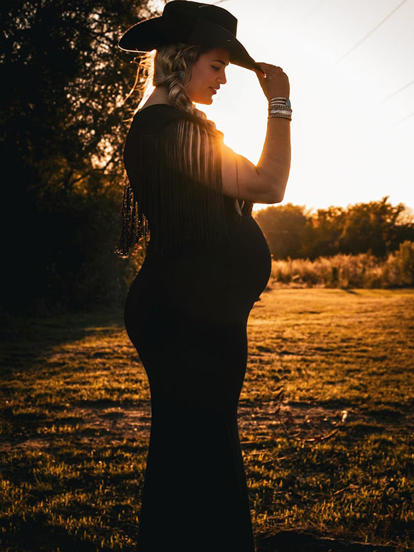 fotobeyou Black Tassel Fringe Cross Chest Mermaid Plus Size Elegant Maternity Maxi Dress