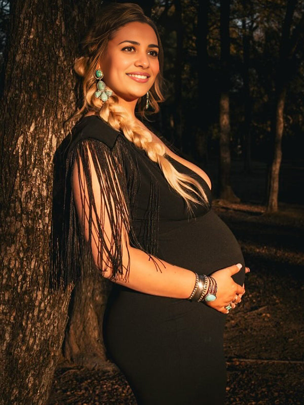 fotobeyou Black Tassel Fringe Cross Chest Mermaid Plus Size Elegant Maternity Maxi Dress